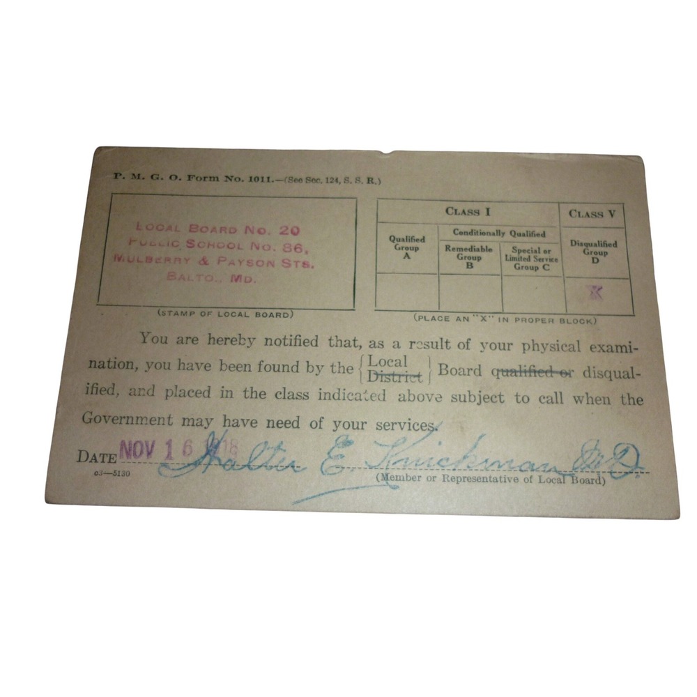 1918 WWI Draft Classification Card Baltimore MD Local Board Frank Brady Ephemera